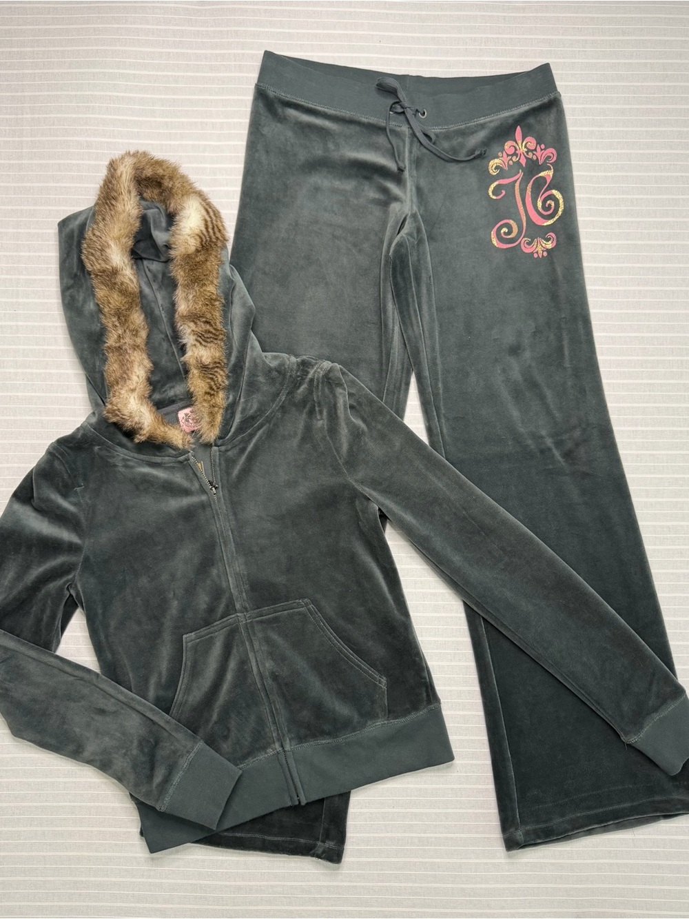 💕 Juicy Couture Velour Faux Fur Hood Tracksuit Set – NEW